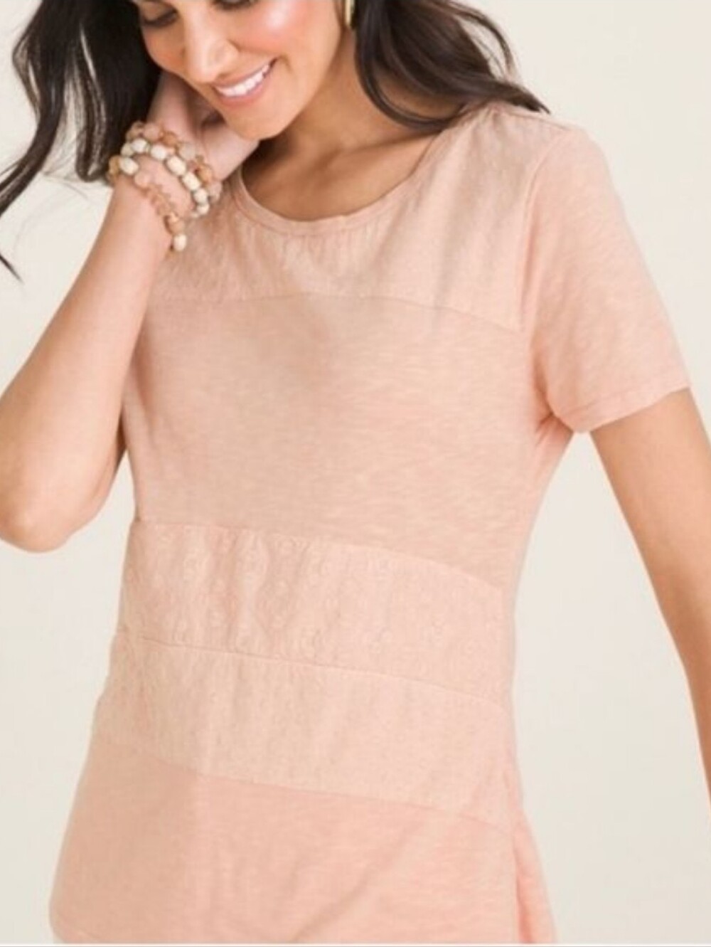 Chico's Peach Embroidered Short Sleeve Knit Top Size 1